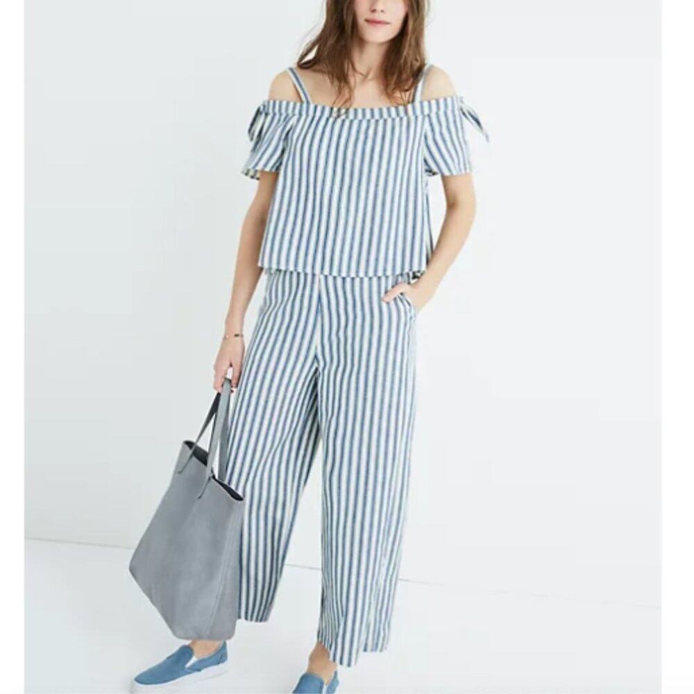 Madewell White & Blue Striped Cold-Shoulder Jumpsuit